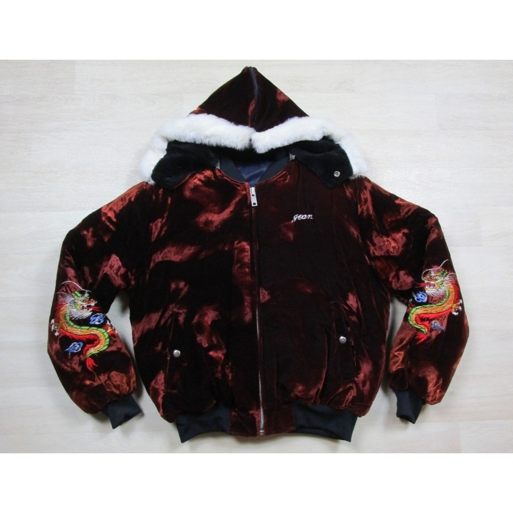 Vintage 70s Korea Sukajan‎ Bomber Jacket Velvet Embroidered Dragon Fur Hood